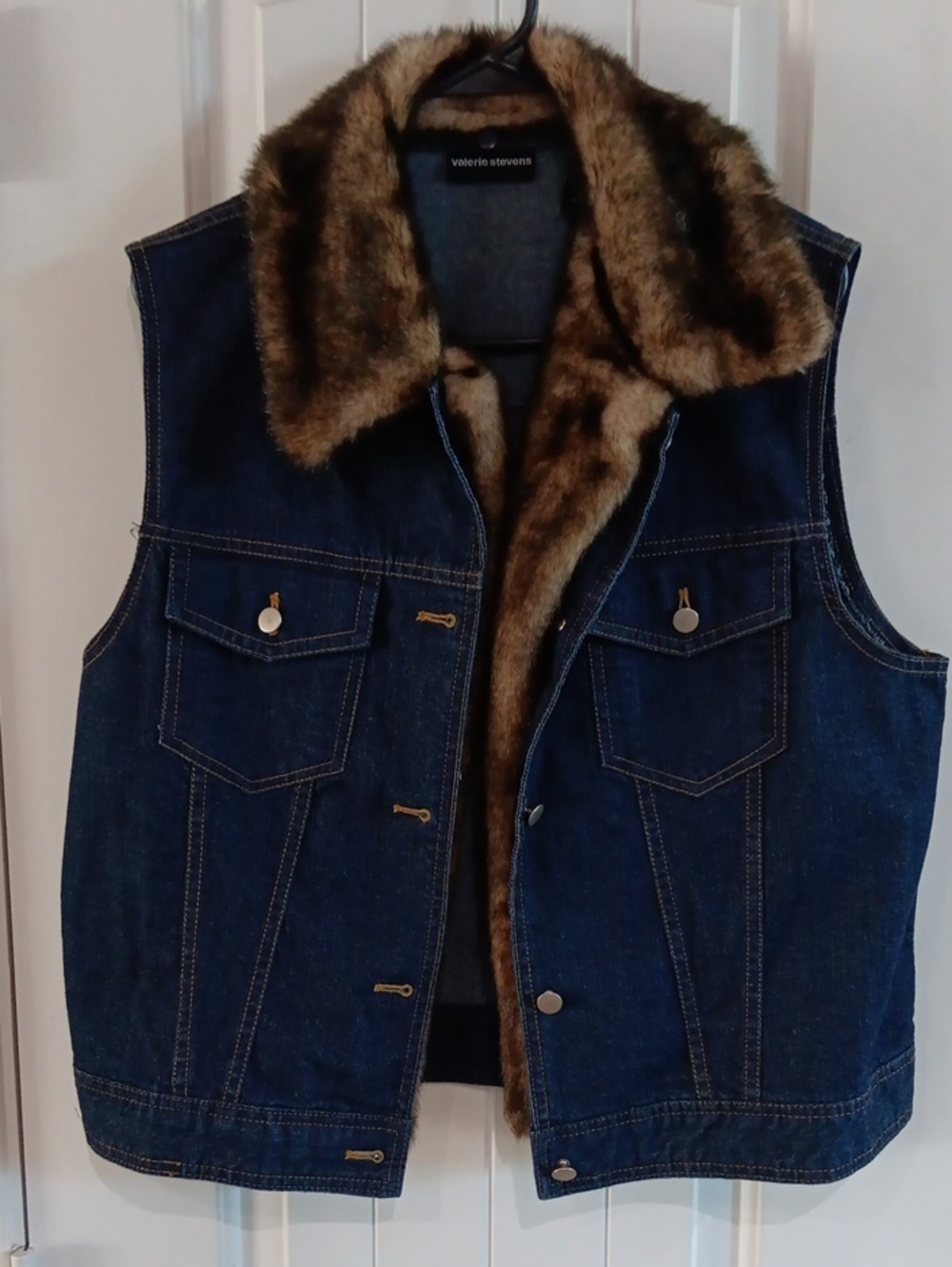 Valerie Stevens Dark Blue Denim Vest with Brown Faux Fur Collar